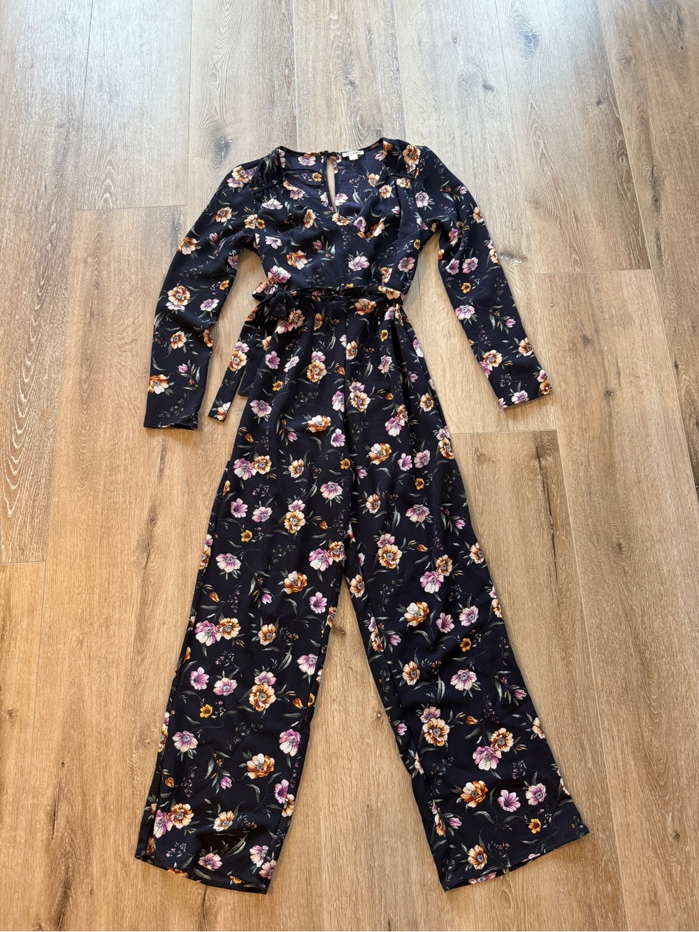 miami Navy and Purple Floral Tie-Waist Long-Sleeve Jumpsuit
